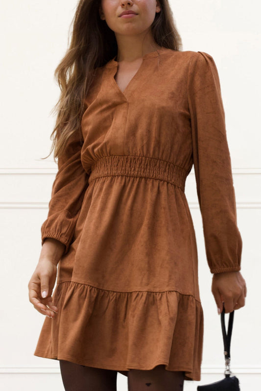 Adrienne Rust Suede Mini Dress Long Sleeves V-Neckline Smocked Waist