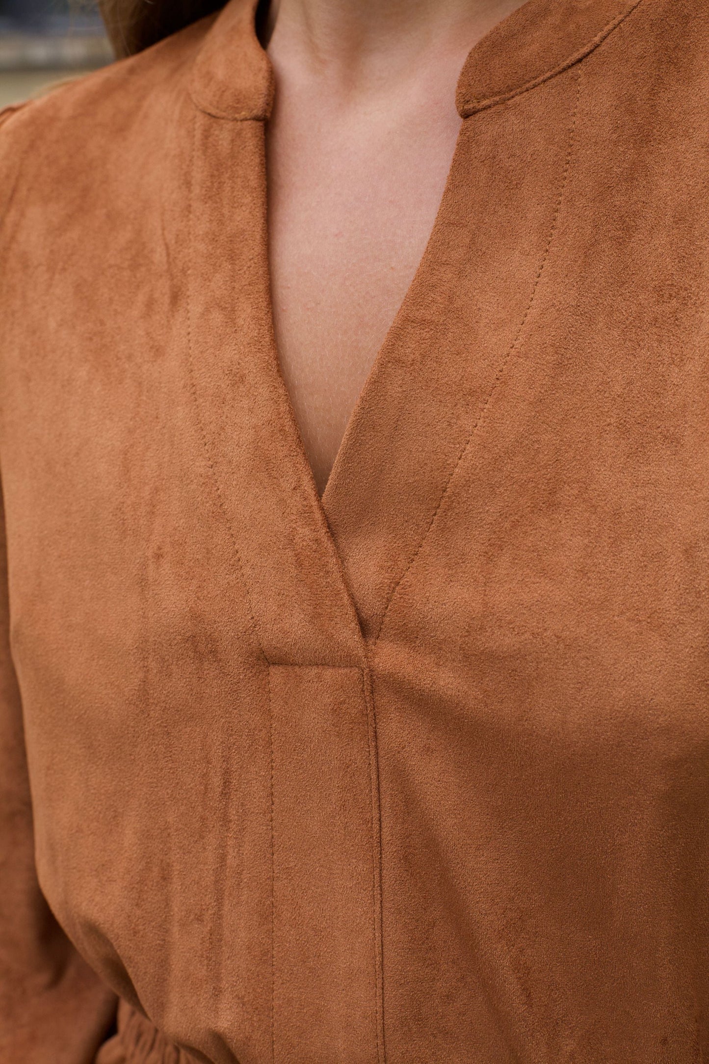 Adrienne Rust Suede Mini Dress Long Sleeves V-Neckline Smocked Waist