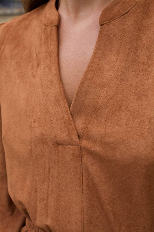 Adrienne Rust Suede Mini Dress Long Sleeves V-Neckline Smocked Waist