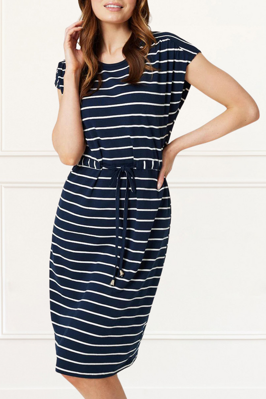 Annalise Women's Navy Stripe Cotton Dress Adjustable Drawstring Waist