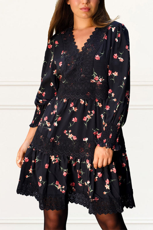 Agnes Women's Tiered Black Mini Dress Pink Floral Print Lace Trim
