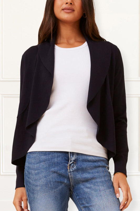 Alessia Lightweight Open-Front Black Cardigan Draped Waterfall Fit
