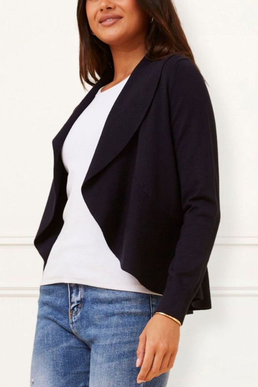 Alessia Lightweight Open-Front Black Cardigan Draped Waterfall Fit