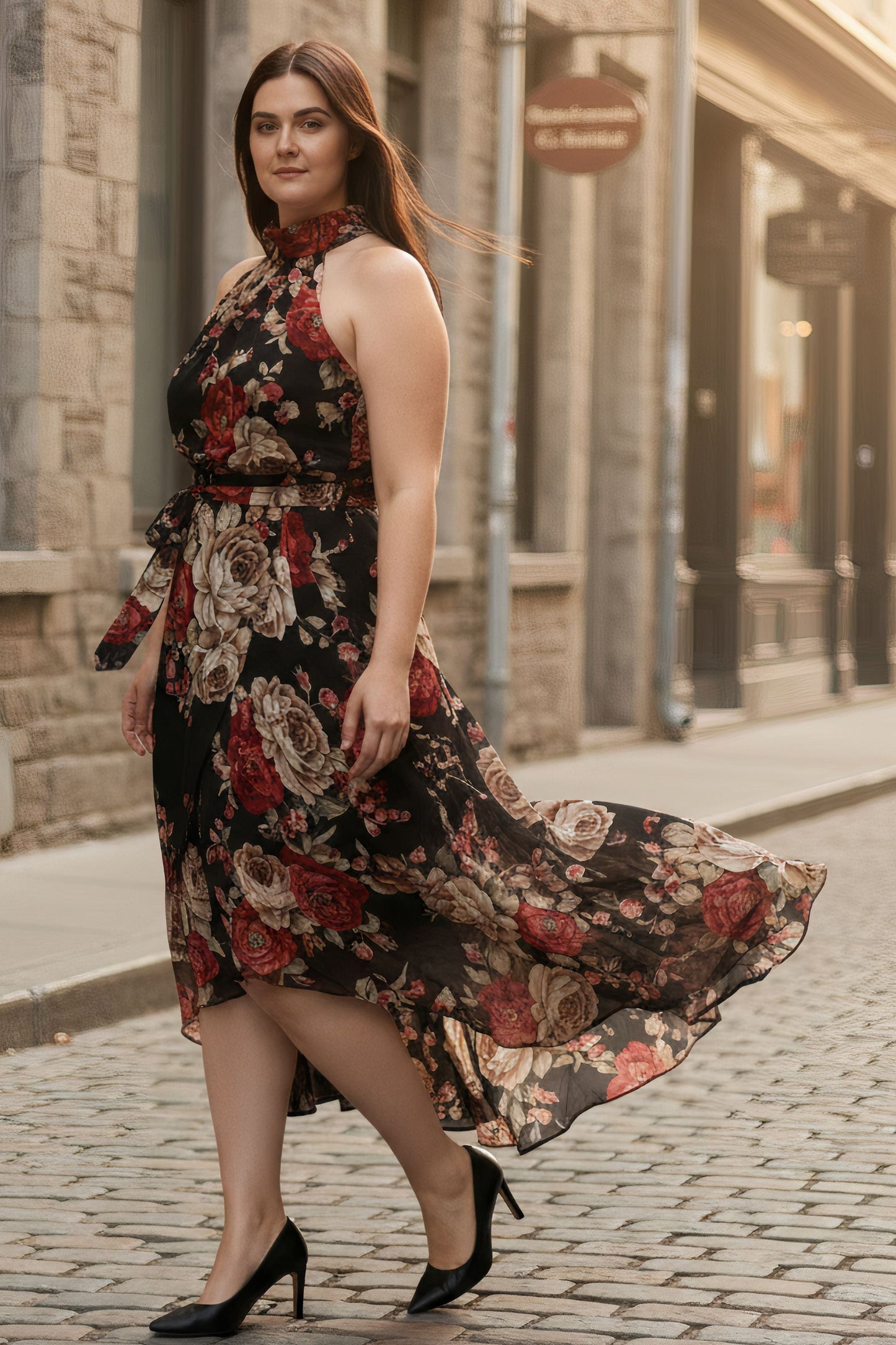 PRE-ORDER-Alexandra Floral Halter Midi Dress – Black Rose Print