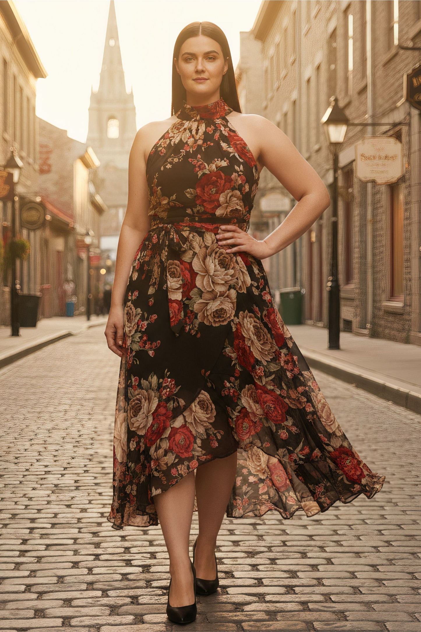 PRE-ORDER-Alexandra Floral Halter Midi Dress – Black Rose Print