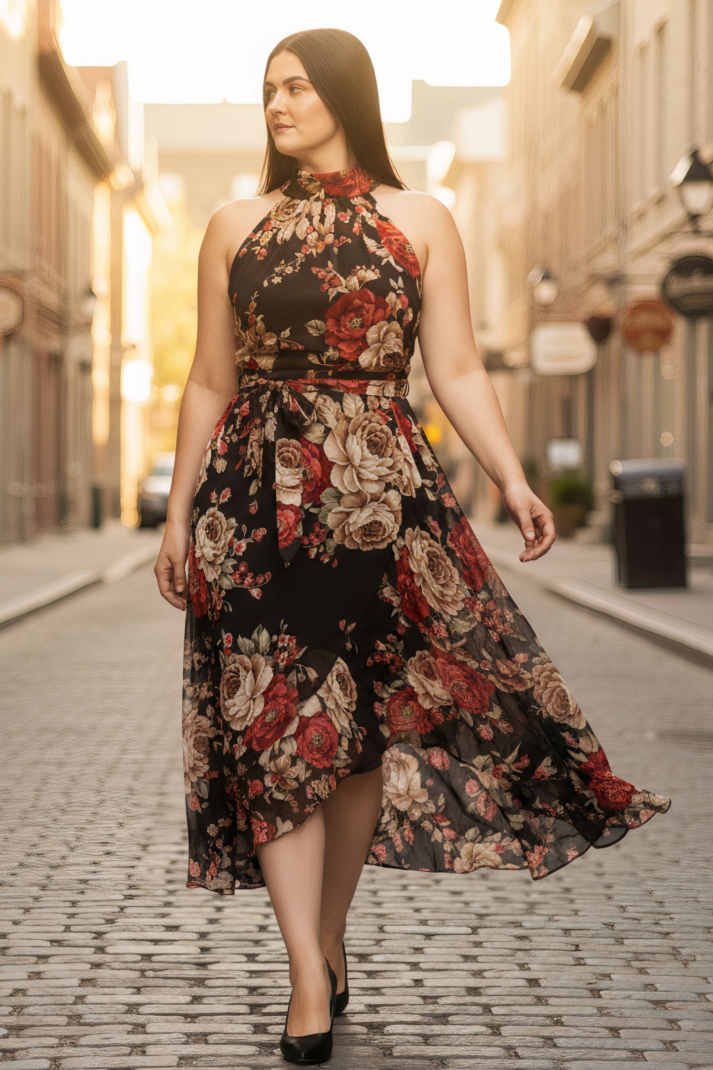 PRE-ORDER-Alexandra Floral Halter Midi Dress – Black Rose Print