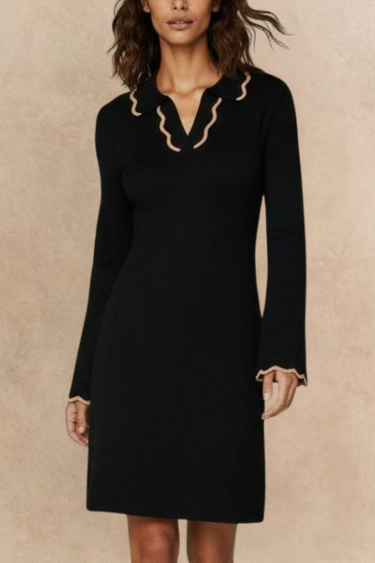 Alice Black Knit Dress Polo Shirt Collar Piping Neckline Relaxed Fit