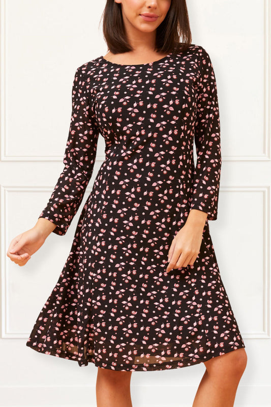 Daisie Black Fit & Flare Mesh Dress Pink Floral Print