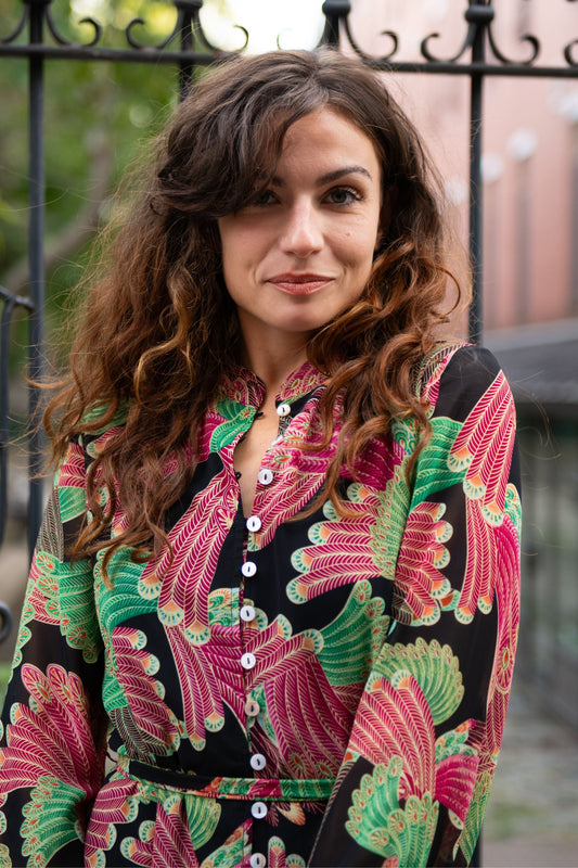 Anais Shirt Dress Short Buttons Peacock Inspired Floral Print - Onze Montreal Black / XS Annick