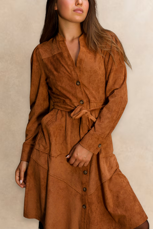 Anastasia Faux Suede Women's Dress Button-Up Front Belted Waist