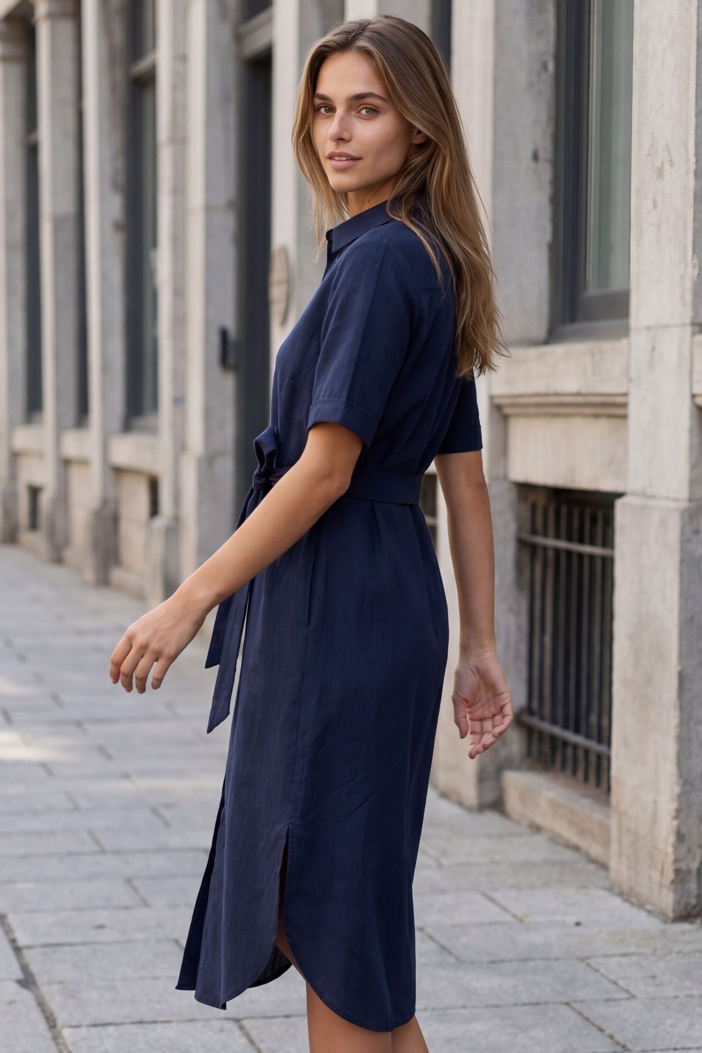 Anna Navy Shirt Midi Dress with Tie Waist