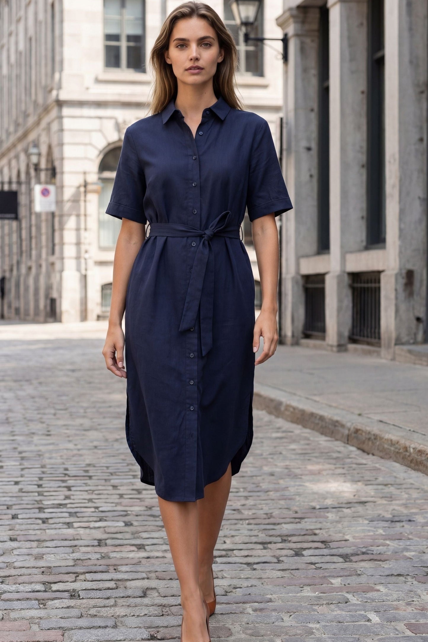 Anna Navy Shirt Midi Dress with Tie Waist