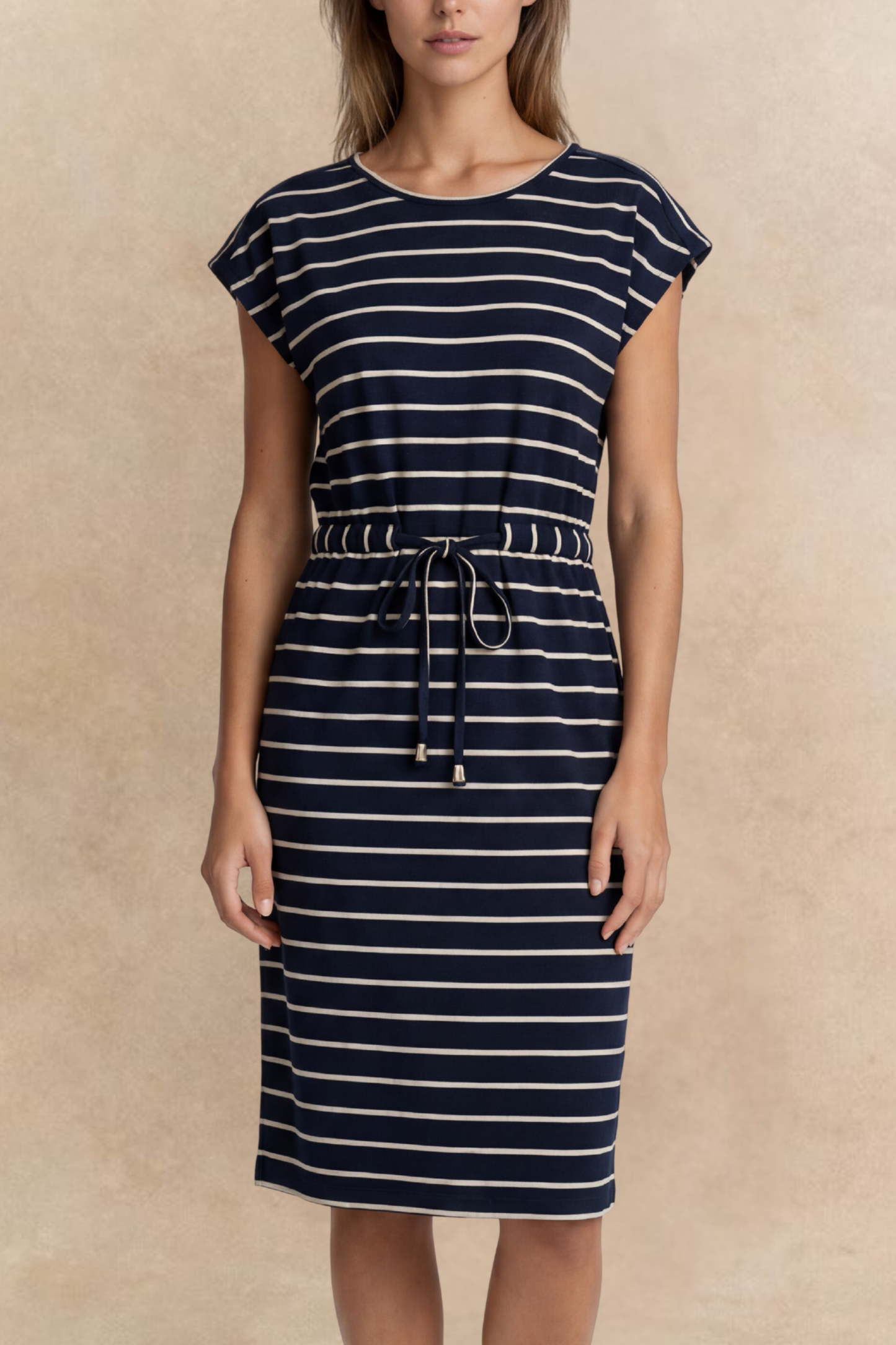 Annalise Navy Stripe Knit Midi Dress Pockets Belted