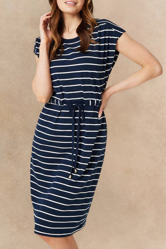 Annalise Women's Navy Stripe Cotton Dress Drawstring Waist