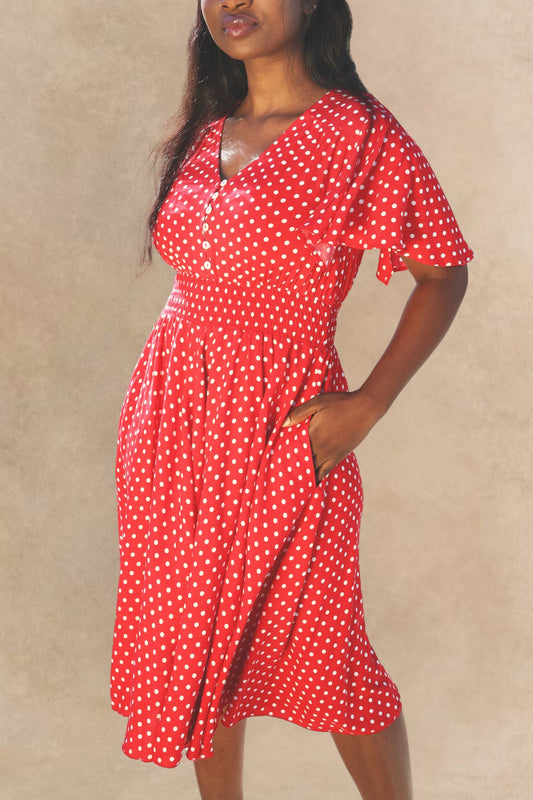 Antoinette Polka Dots Short Dress Smocked Waist Pockets
