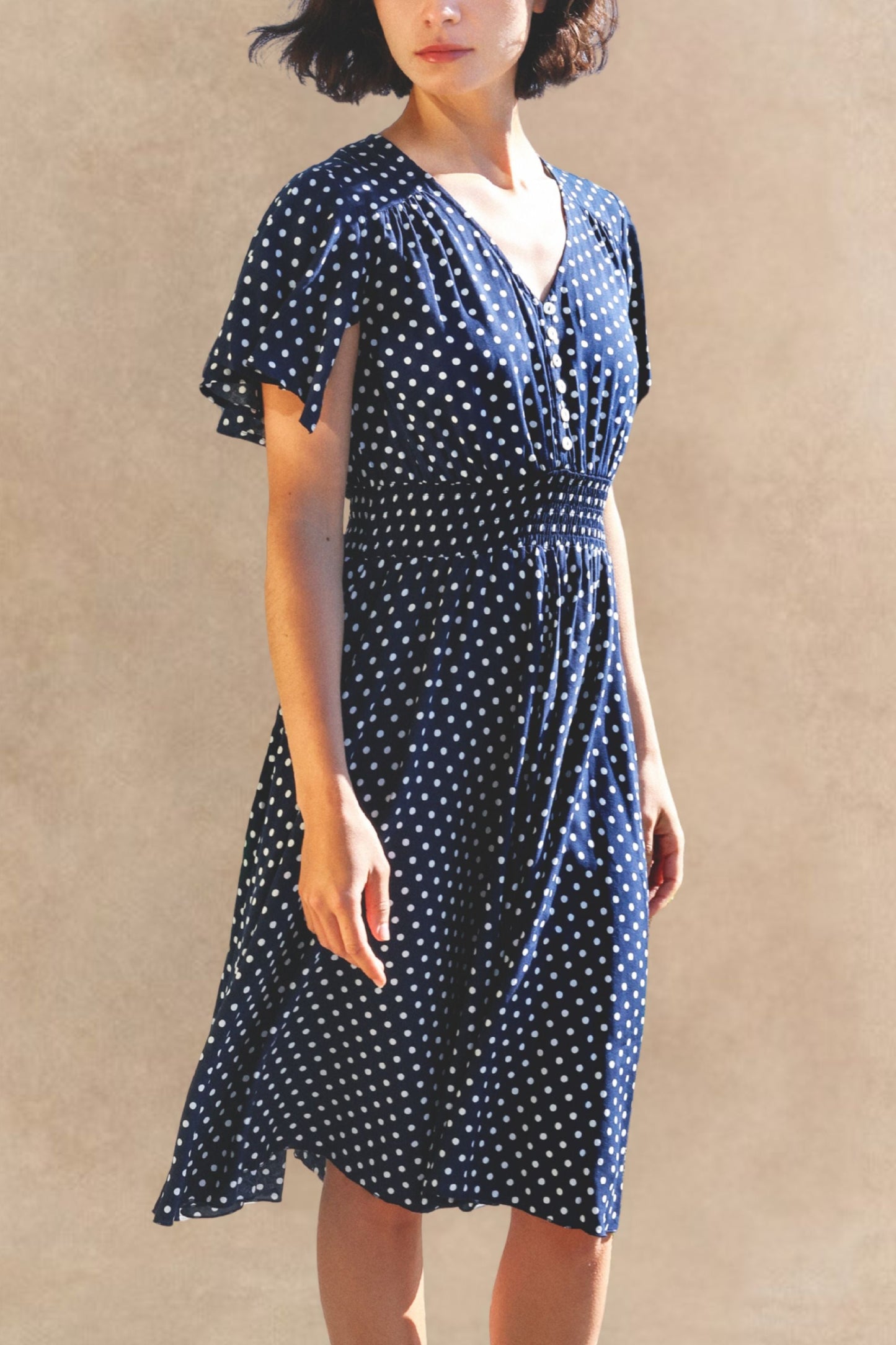 Antoinette Polka Dots Short Dress Smocked Waist Pockets