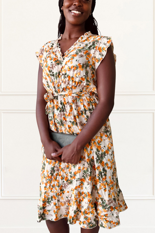 Natasha Citrus Print Short Dress Self Belt Pockets Ruffle Trim