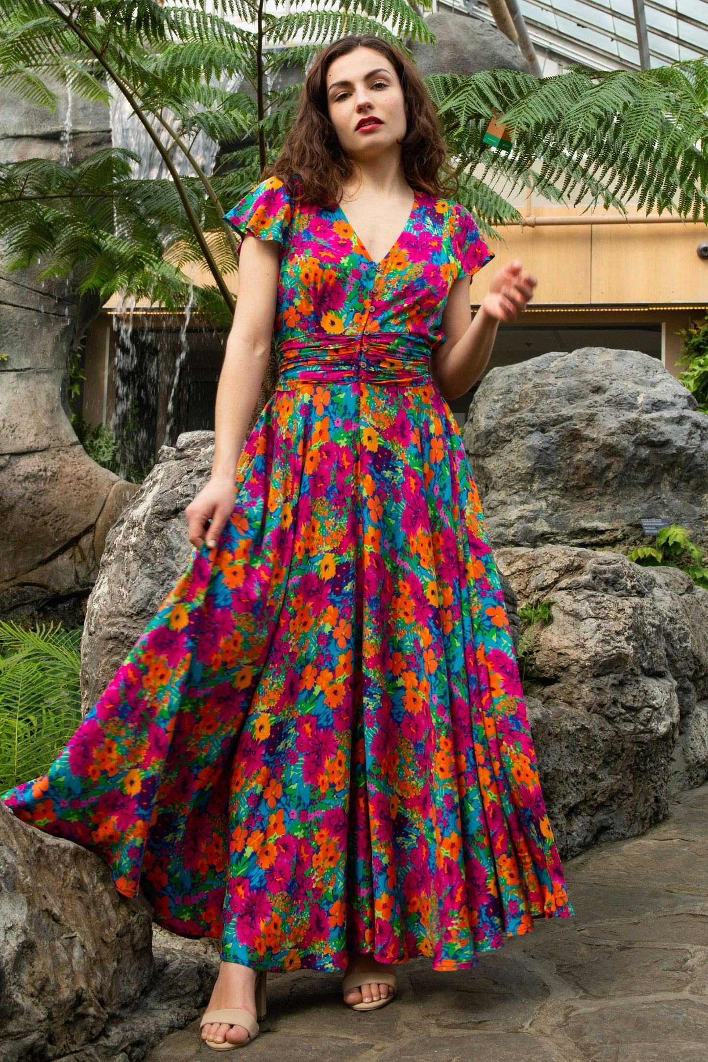 Arianna Floral Maxi Dress with Flutter Sleeves and Ruched Waist