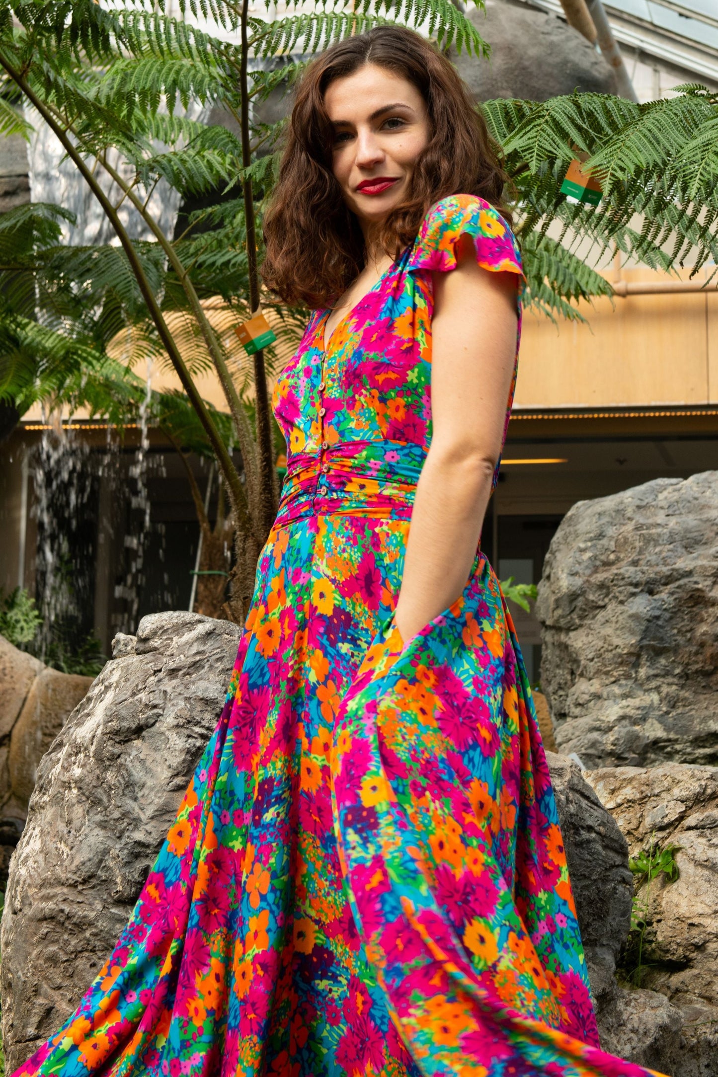 Arianna Floral Maxi Dress with Flutter Sleeves and Ruched Waist