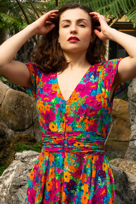 Arianna Floral Maxi Dress with Flutter Sleeves and Ruched Waist