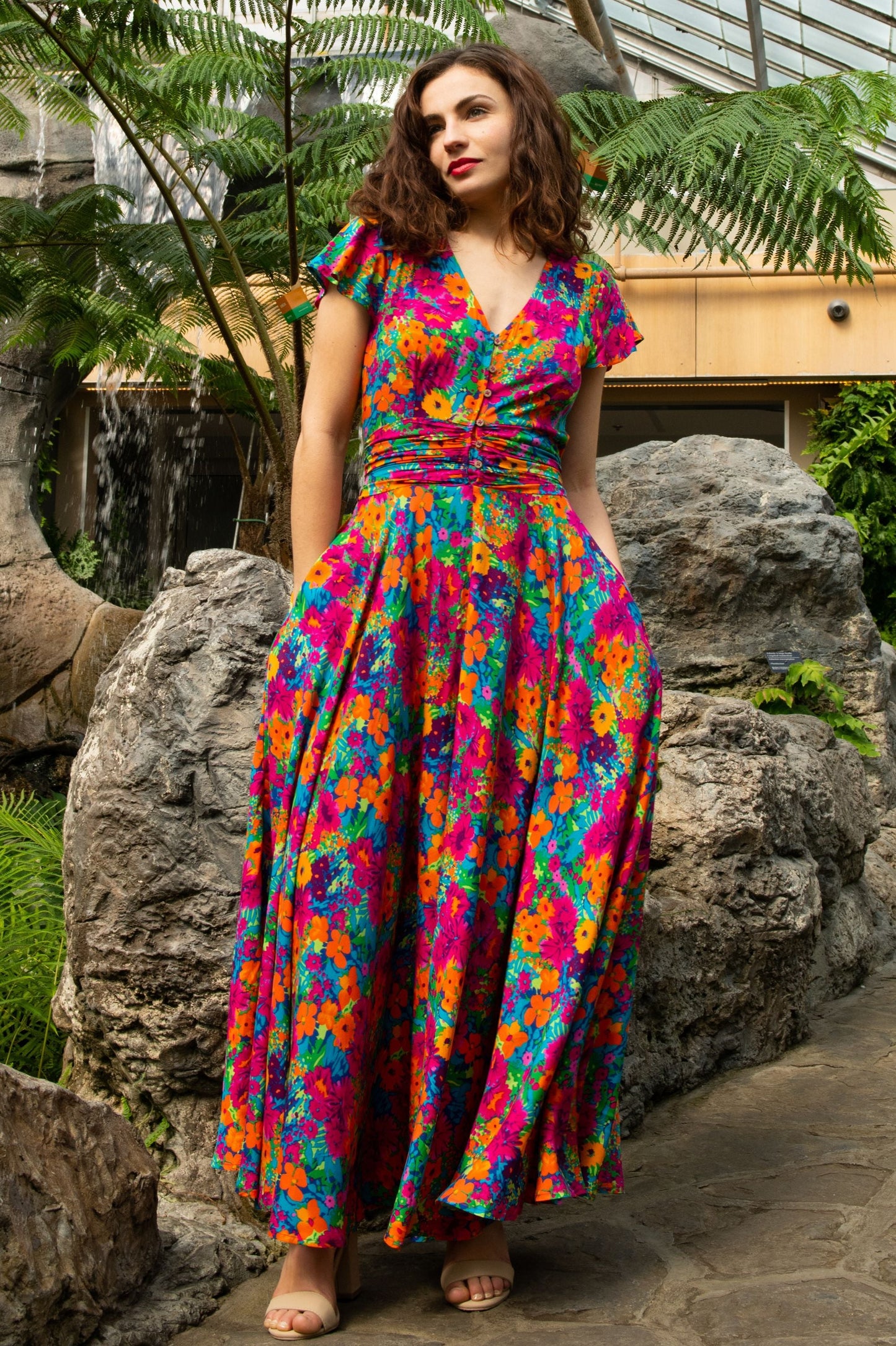 Arianna Floral Maxi Dress with Flutter Sleeves and Ruched Waist