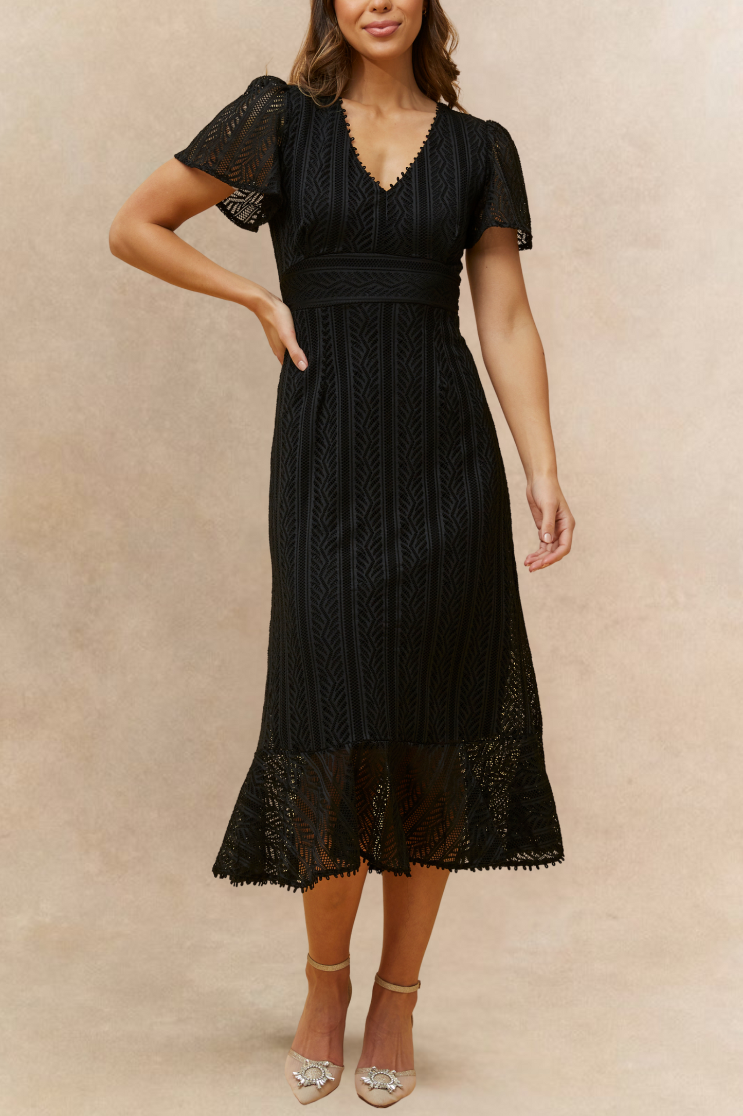 Bonnie Crochet Knit Midi Dress Lining Short Sleeves