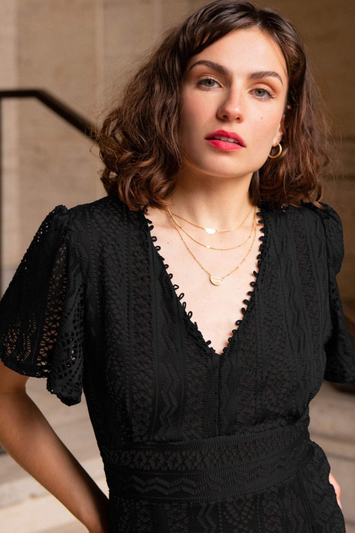 Bonnie Crochet Knit Midi Dress Lining Short Sleeves