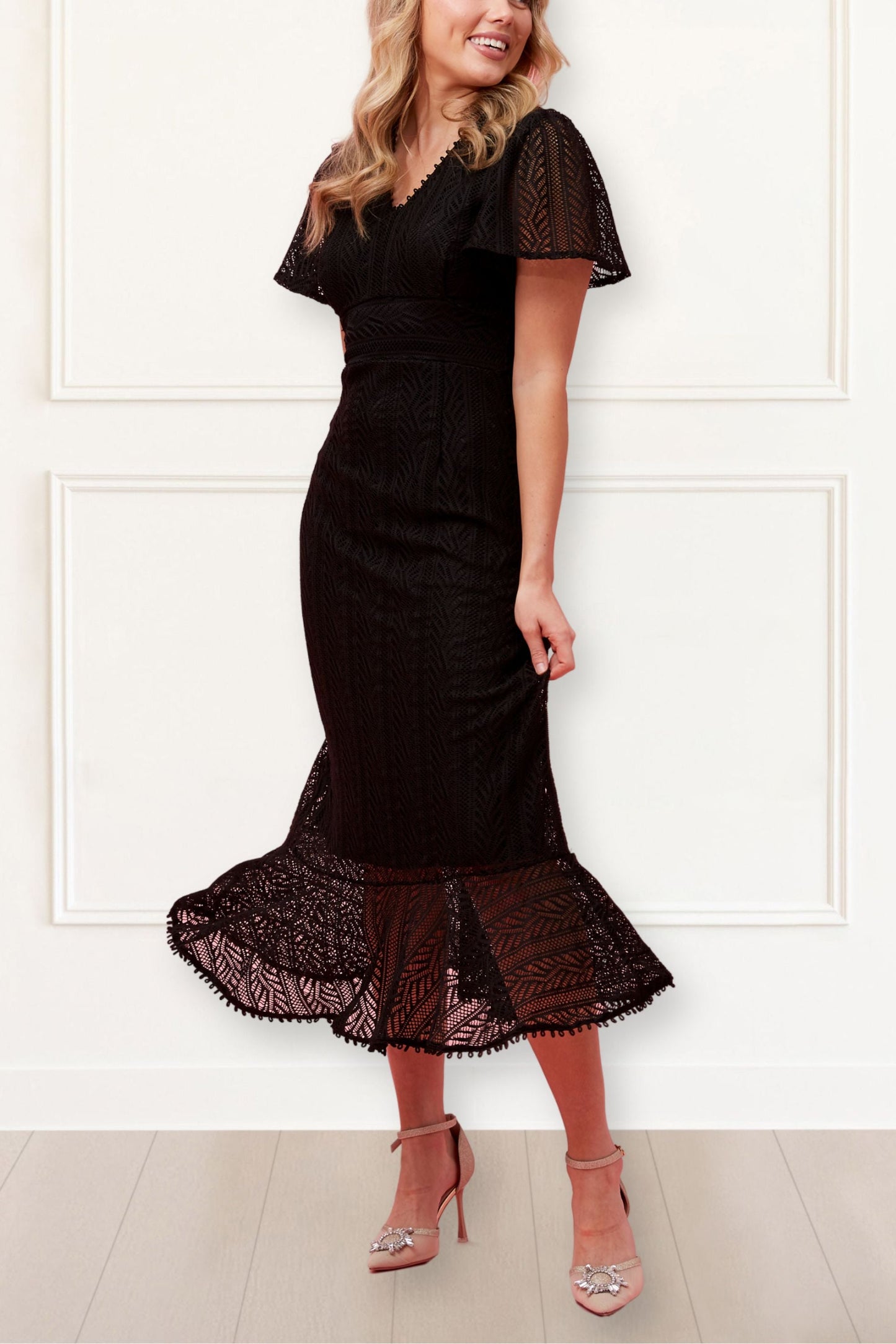 Bonnie Crochet Knit Midi Dress Lining Short Sleeves