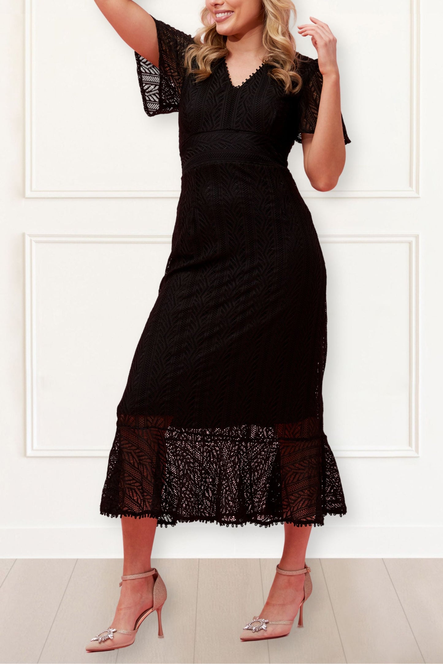 Bonnie Crochet Knit Midi Dress Lining Short Sleeves