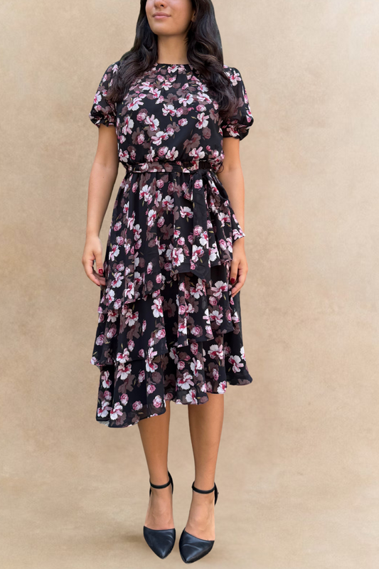 Catalina Black Floral Dress with Layered Hemline