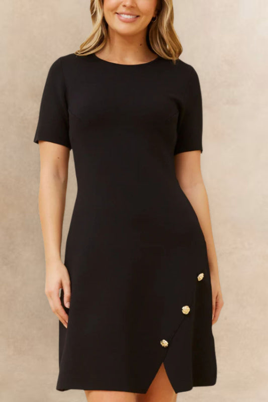 Cleo Black A-Line Dress Short Sleeves Gold Button Front Detail