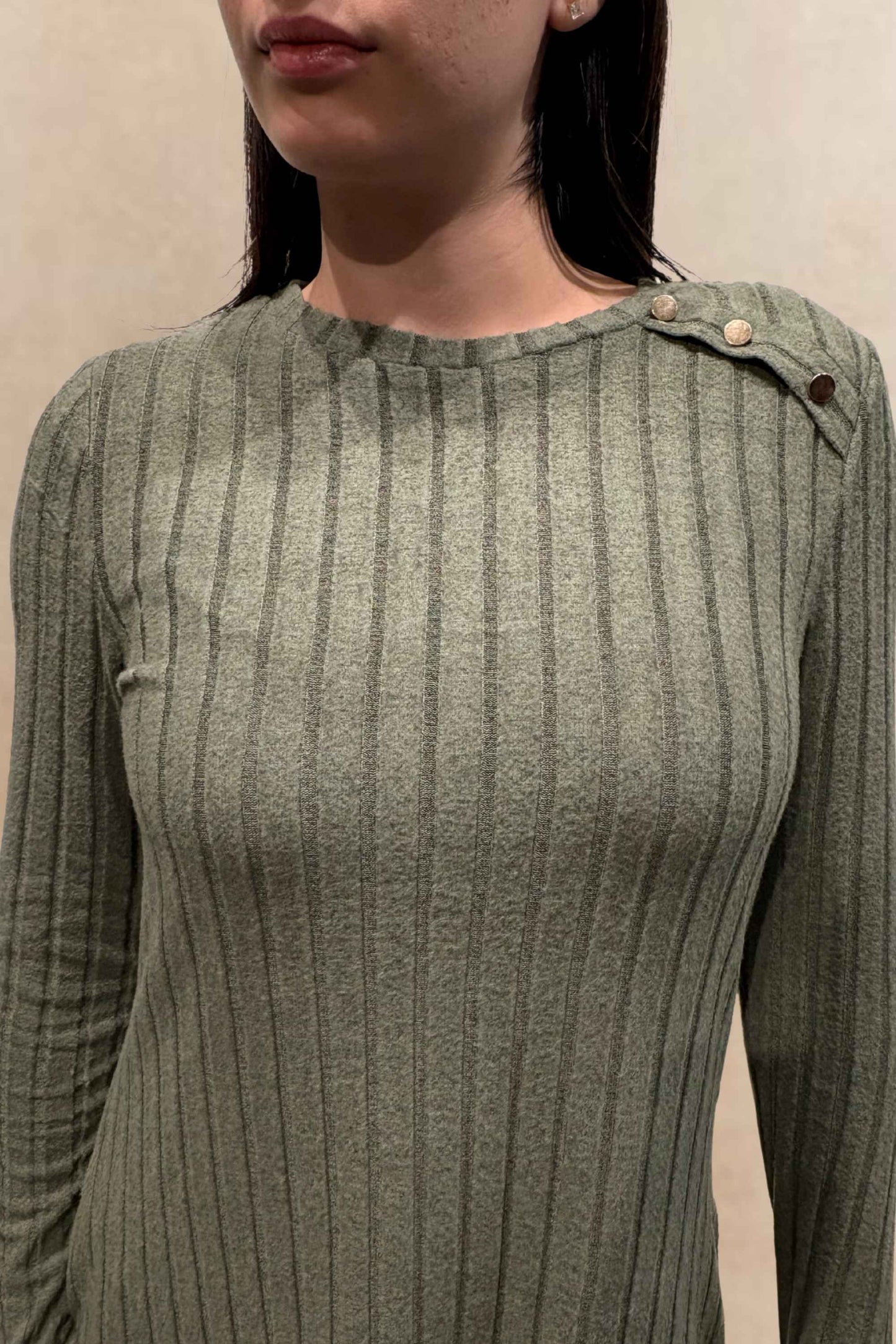 Camila Green Ribbed Knit A-Line Dress Decorative Shoulder Button Detail