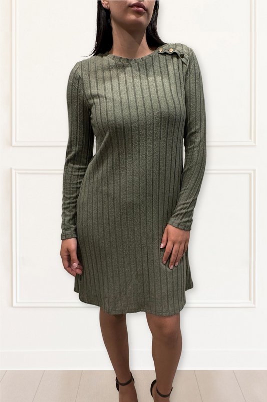 Camila Green Ribbed Knit A-Line Dress Decorative Shoulder Button Detail