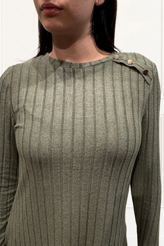 Camila Green Ribbed Knit A-Line Dress Decorative Shoulder Button Detail