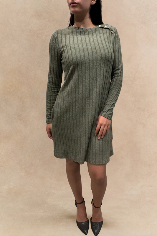 Camila Green Ribbed Knit A-Line Dress Decorative Shoulder Button Detail
