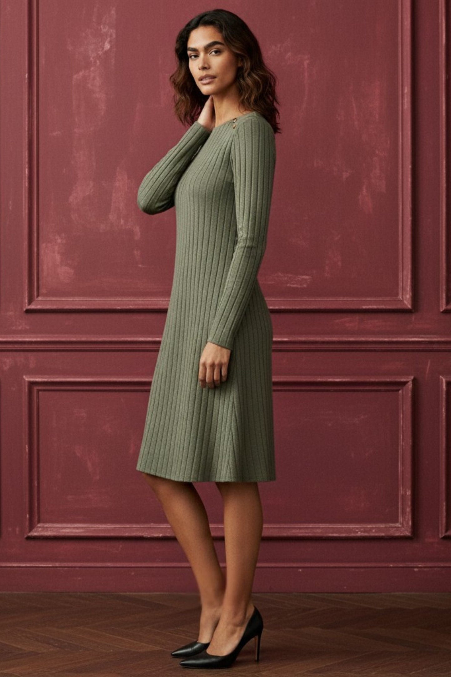 Camila Green Ribbed Knit A-Line Dress Decorative Shoulder Button Detail