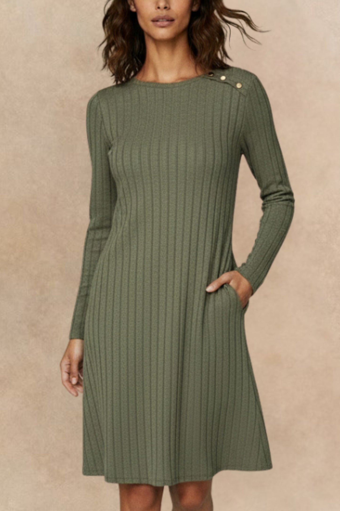 Camila Green Ribbed Knit A-Line Dress Decorative Shoulder Button Detail