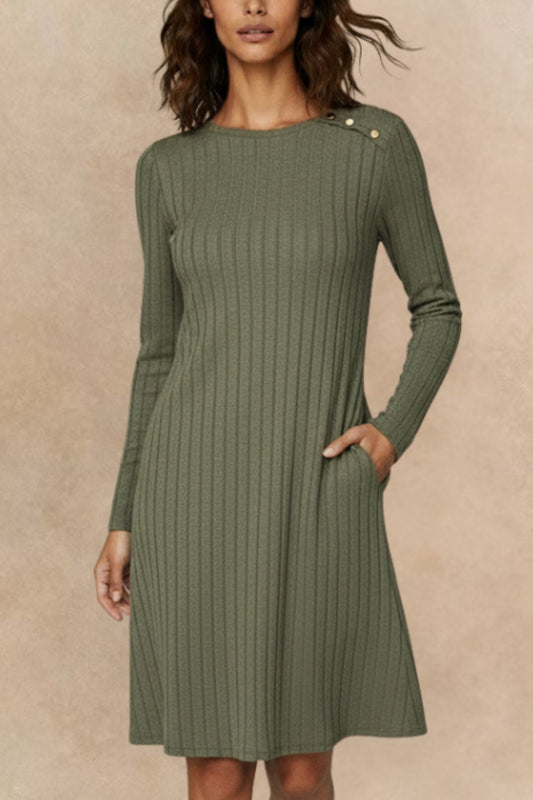 Camila Green Ribbed Knit A-Line Dress Decorative Shoulder Button Detail