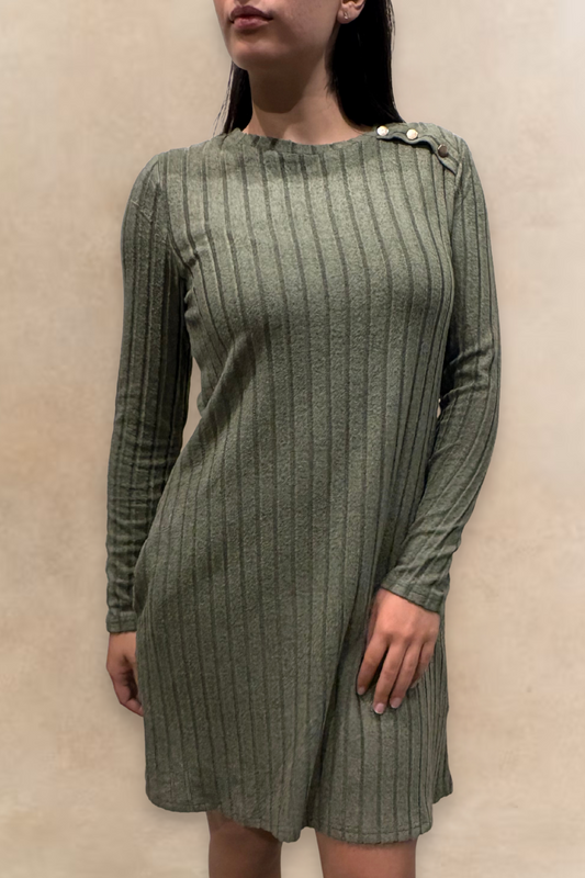 Camila Green Ribbed Knit A-Line Dress Decorative Shoulder Button Detail