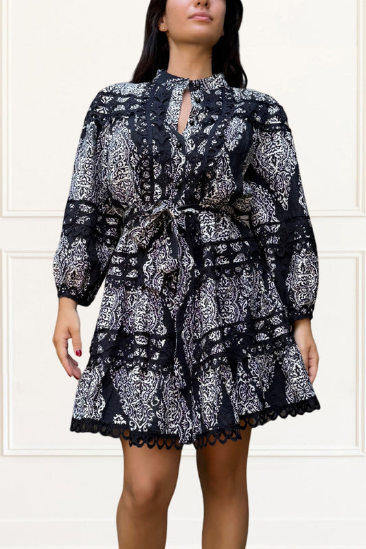 Carmen High-Neck Black Dress Long Sleeves Bold Lace Accents