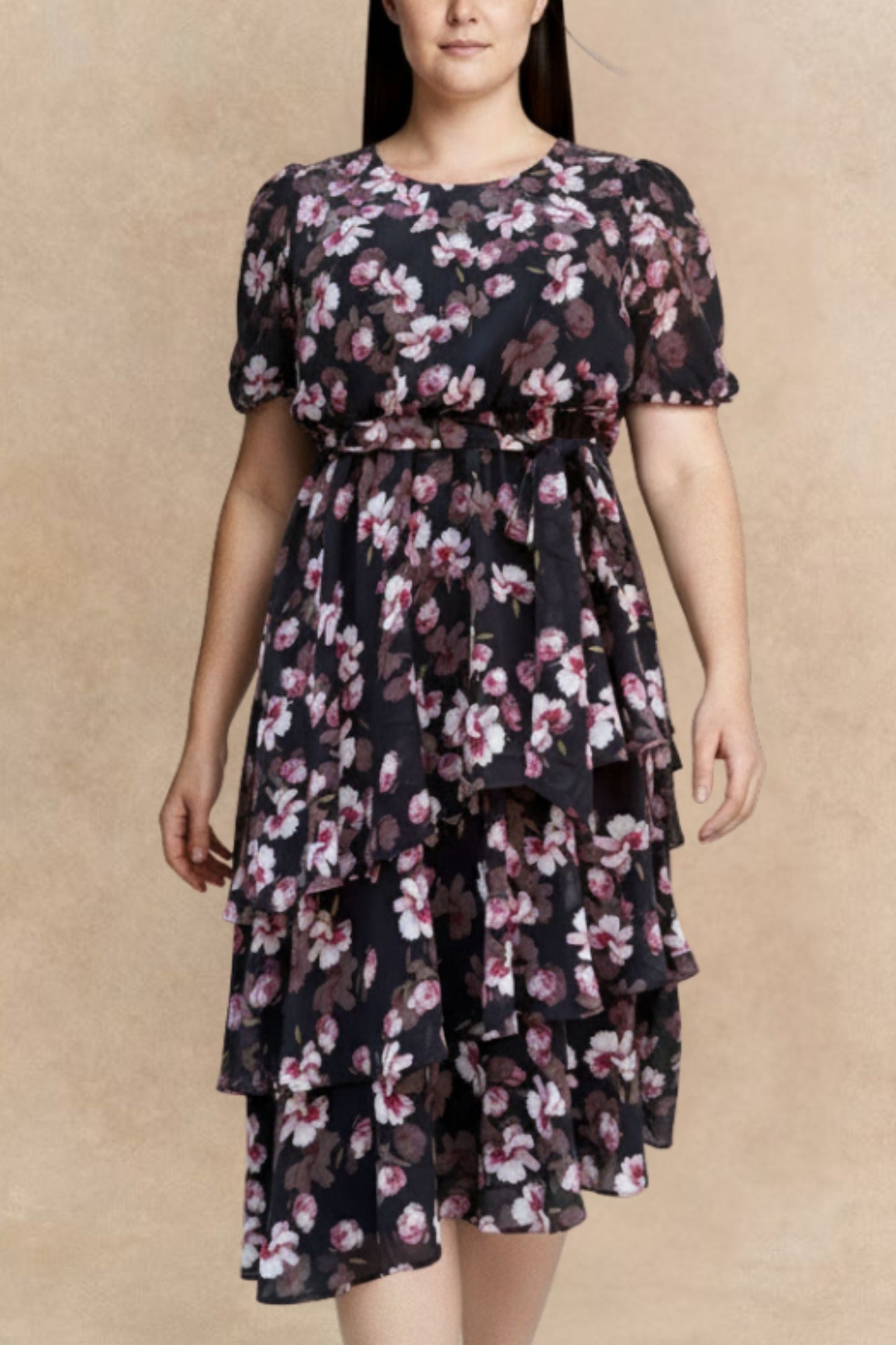 Catalina Black Floral Dress with Layered Hemline
