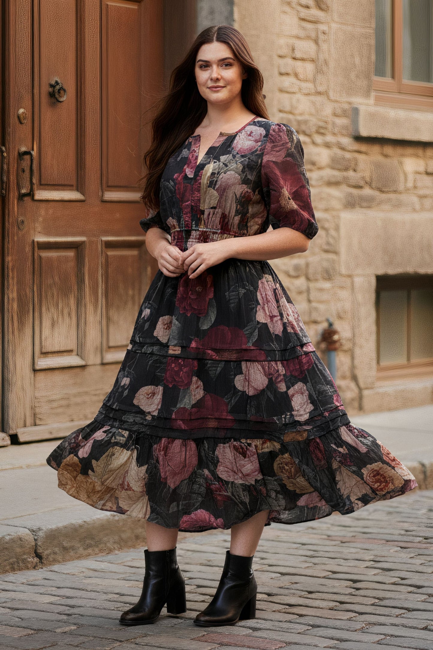 PRE-ORDER-Catherine Floral Midi Dress –Smocked Waist & Puff Sleeves