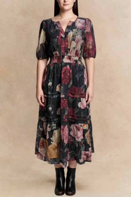 PRE-ORDER-Catherine Floral Midi Dress –Smocked Waist & Puff Sleeves