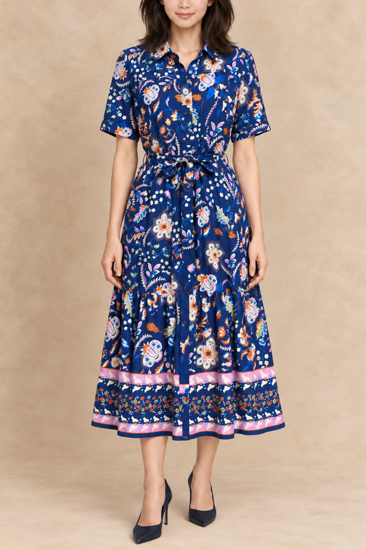 Renée | Floral Border Print Shirt Dress Tie-Waist