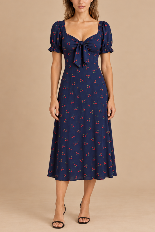 Ariella | Cherry Print Dress Short Sleeves Front Tie