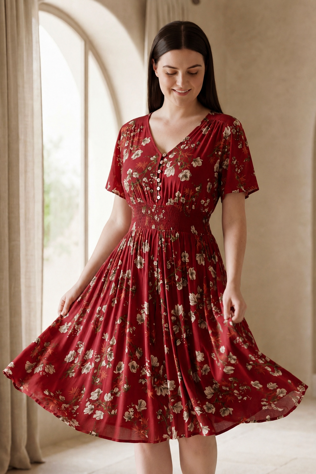 Dimi Floral Short Dress Smocked Waist Pockets