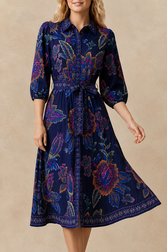 Adelina Navy Printed Floral Shirt Dress
