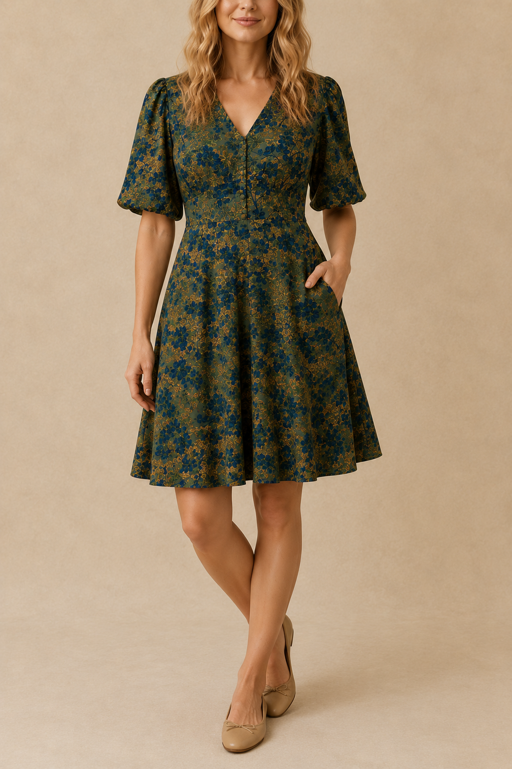 Robe verte fleurie Fleur coupe évasée