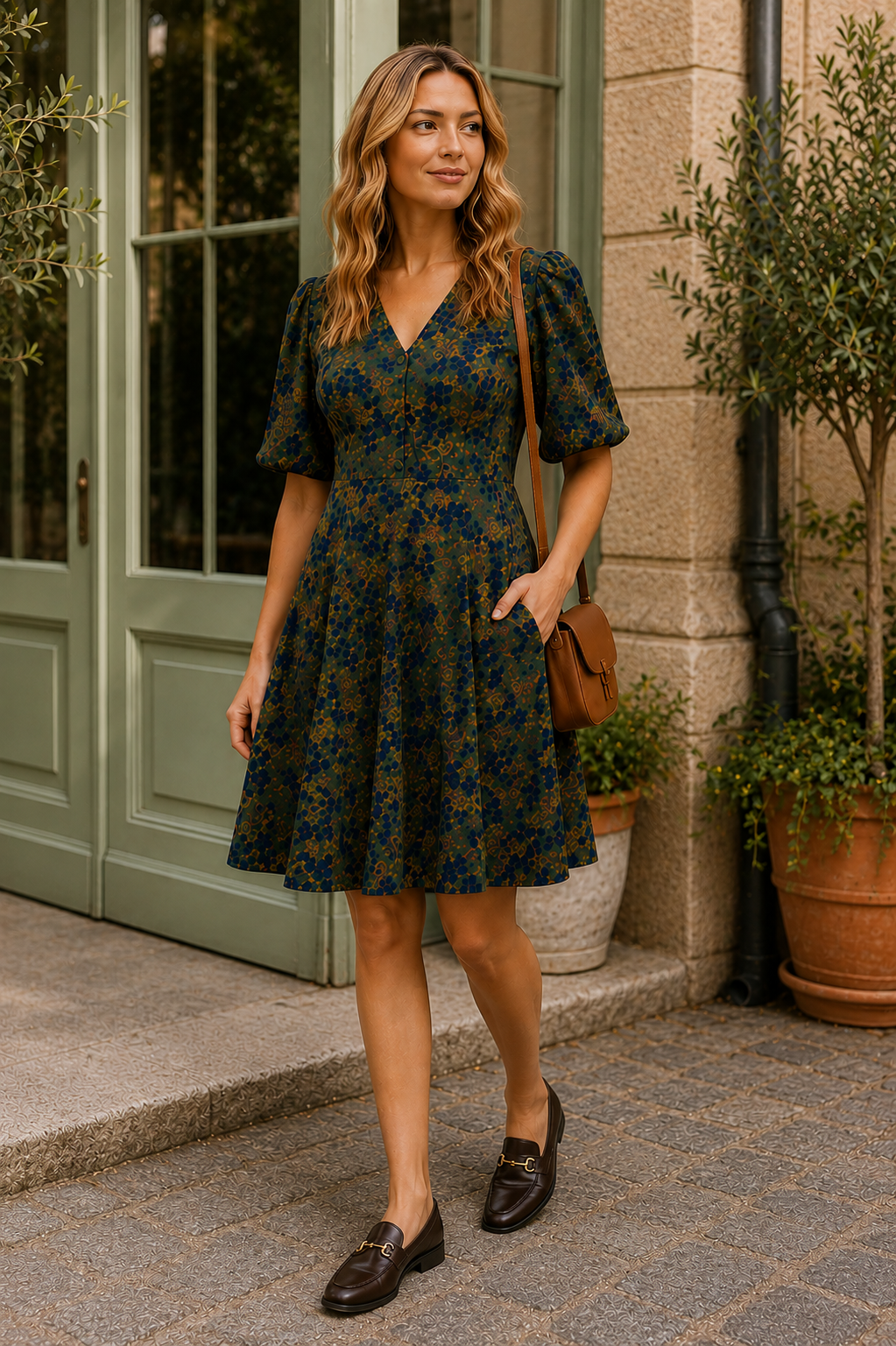 Robe verte fleurie Fleur coupe évasée