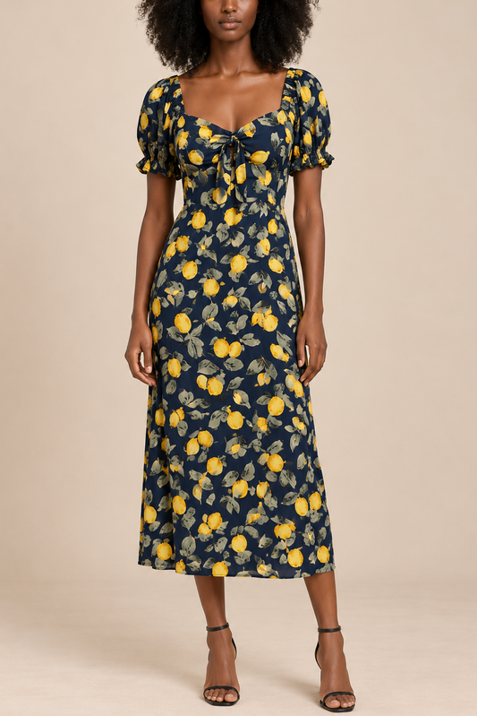 Veronica | Lemon Print Dress Short Sleeves Front Tie